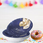 Birthday navy blue glitter gold balloons paper plate<br><div class="desc">A navy blue background with elegant faux sparkles and golden balloons. The blue colour is uneven.  Personalize and add a name and age.  White letters.</div>