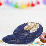 Birthday navy blue glitter gold balloons paper plate<br><div class="desc">A navy blue background with elegant faux sparkles and golden balloons. The blue colour is uneven.  Personalize and add a name and age.  White letters.</div>