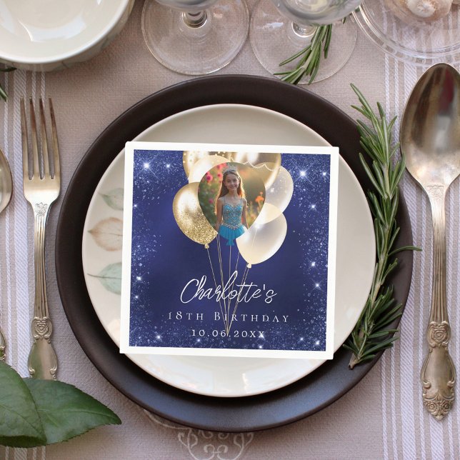 Birthday navy blue glitter gold balloons photo napkin (Creator Uploaded)