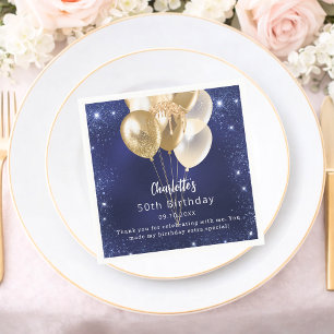 Birthday navy blue glitter gold balloons thank you napkin