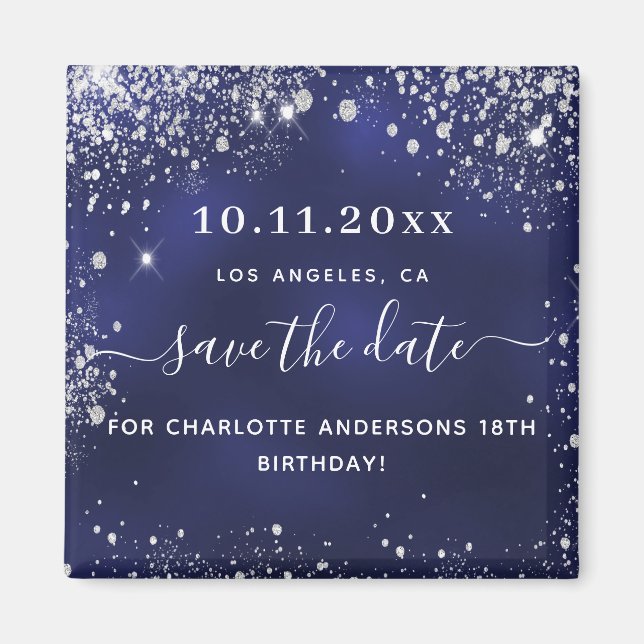 Birthday navy blue glitter save the date magnet (Front)