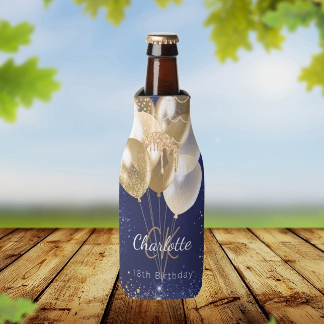 Birthday navy blue gold balloons monogram name bottle cooler (Creator Uploaded)