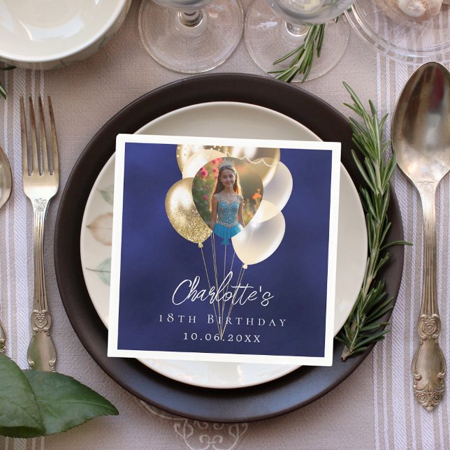 Birthday navy blue gold balloons photo napkin (Creator Uploaded)