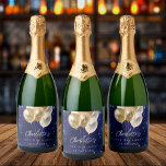 Birthday navy blue gold glitter balloons sparkling wine label<br><div class="desc">A navy blue background with elegant faux sparkles and golden balloons. The blue colour is uneven.  Personalize and add a name and age.  White letters.</div>