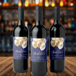 Birthday navy blue gold glitter balloons wine label<br><div class="desc">A navy blue background with elegant faux sparkles and golden balloons. The blue colour is uneven.  Personalize and add a name and age.  White letters.</div>