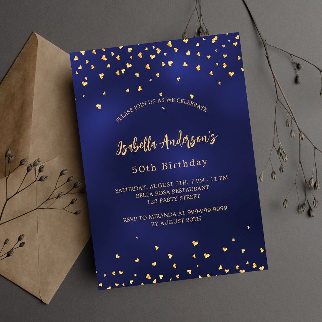 Birthday navy blue gold hearts elegant script invitation (Creator Uploaded)
