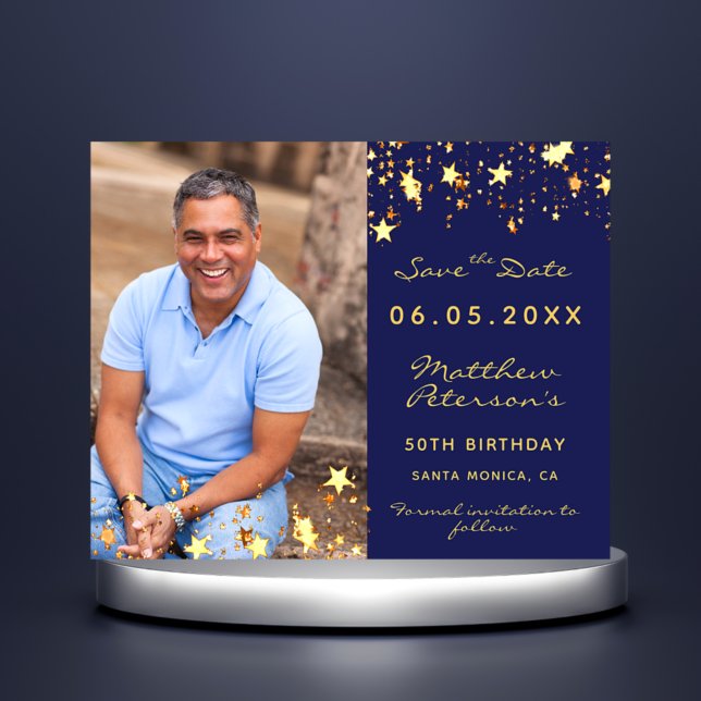 Birthday navy blue gold photo budget Save the Date Flyer (Creator Uploaded)
