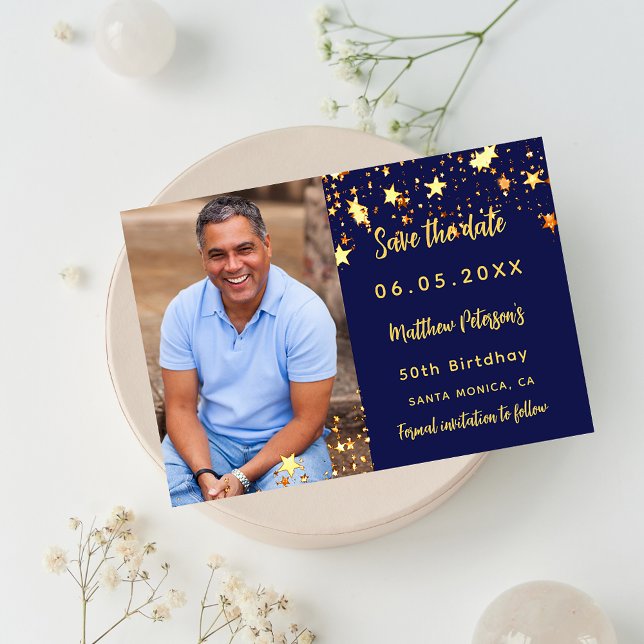 Birthday navy blue gold photo save the date (Creator Uploaded)