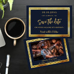 Birthday navy blue gold photo save the date card<br><div class="desc">A classic navy blue background,  decorated with faux gold frames.  Large hand lettered script and the text: Save the Date.  Personalize and add your photo,  and details.</div>
