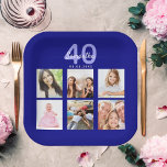 Birthday navy blue photo collage paper plate<br><div class="desc">For a 40th (or any age) birthday party,  celebrating her life with a collage of 6 of your own photos.  Personalize and add a name,  age 40 and a date.  Date of birth or the date of the party.  Navy blue background.</div>