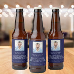 Birthday navy blue photo fun facts bio guys man beer bottle label<br><div class="desc">For a birthday party for a guy,  man.  Personalize and add your own photo of the jubilant.  Add your text,  fun facts,  biography about the birthday guy,  and add your names. A classic navy blue background and white text.</div>