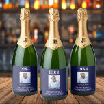 Birthday navy blue photo fun facts bio year birth sparkling wine label<br><div class="desc">For a birthday party for a guy,  man.  Personalize and add your own photo of the jubilant.  Add year of birth,  your text,  fun facts,  biography about the birthday guy. A classic navy blue background and white text.</div>