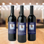Birthday navy blue photo fun facts bio year birth wine label<br><div class="desc">For a birthday party for a guy,  man.  Personalize and add your own photo of the jubilant.  Add year of birth,  your text,  fun facts,  biography about the birthday guy. A classic navy blue background and white text.</div>