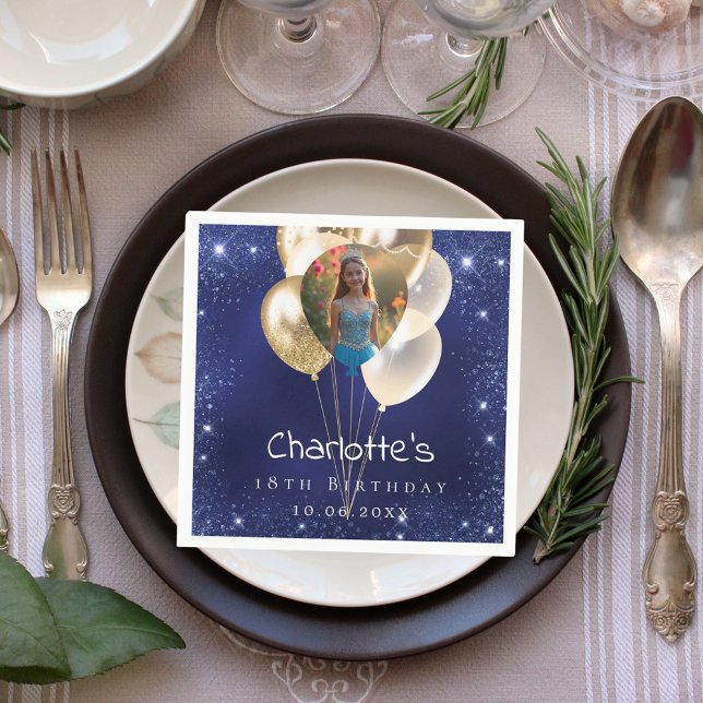 Birthday navy blue photo glitter gold balloons napkin (Creator Uploaded)