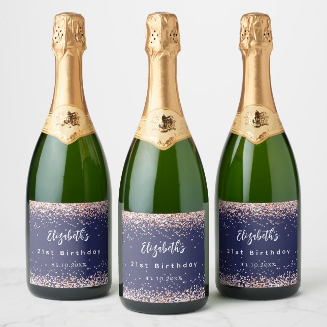 Birthday navy blue rose gold confetti sparkling wine label (Bottles)