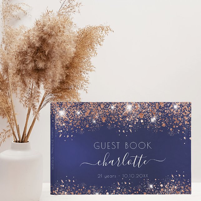 Birthday navy blue rose gold glitter name guest book (Creator Uploaded)