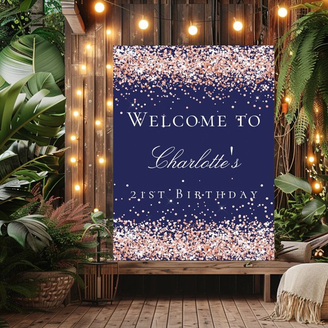 Birthday navy blue rose gold glitter welcome  poster (Creator Uploaded)