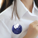 Birthday navy blue silver glitter balloon name tag 2 inch round button<br><div class="desc">For a 18th (or any age) birthday. Navy blue backround,  the blue colour is uneven. Decorated with faux silver glitter,  sparkles and white balloons.  Personalize and add a name.  White letters. Can be used as a name tag/party favour or as a Save the Date reminder for your guests.</div>