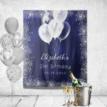 Birthday navy blue silver glitter balloons name tapestry<br><div class="desc">A tapestry for a girly and glamourous 21st (or any age) birthday party. A navy blue background,  the blue colour is uneven. Decorated with faux silver glitter,  sparkles and white balloons.  Personalize and add a name,  age,  date.</div>