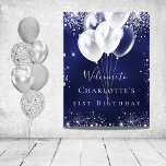 Birthday navy blue silver glitter balloons welcome poster<br><div class="desc">A welcome poster for a girly and glamourous 21st (or any age) birthday party.  A navy blue background with elegant faux silver dust and white balloons. The blue colour is uneven.  Personalize and add a name and age 21.  White letters. 
Back: no design</div>