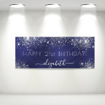 Birthday navy blue silver glitter dust monogram banner<br><div class="desc">For a girly and glamourous 21st (or any age) birthday party. A navy blue background with elegant faux silver dust. The blue colour is uneven. Personalize and add a name and age 21. White letters. The name is written with a modern hand lettered style script with swashes. To keep the...</div>