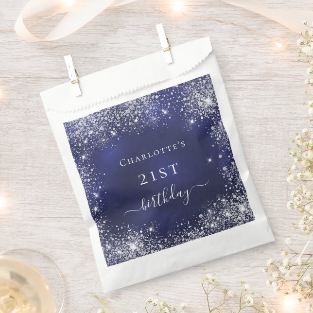 Birthday navy blue silver glitter dust monogram favour bag (Clipped)
