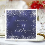 Birthday navy blue silver glitter dust monogram napkin<br><div class="desc">A napkin for a girly and glamorous 21st (or any age) birthday party.  A navy blue background with elegant faux silver dust. The blue color is uneven.  Personalize and add a name and age 21.  White letters.</div>