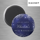 Birthday navy blue silver glitter name magnet<br><div class="desc">For a 18th (or any age) birthday. Navy blue backround,  the blue colour is uneven. Decorated with faux silver glitter. Personalize and add a date,  name and age/event.  White letters. Can be used as keepsake,  party favour or as a Save the Date for your guests.</div>