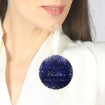 Birthday navy blue silver glitter name tag 2 inch round button<br><div class="desc">A gift or party favor for a 18th (or any age) birthday. Navy blue backround, the blue color is uneven. Decorated with faux silver glitter. Personalize and add a date, name and age/event. White letters. Can be used as a name tag or as a Save the Date for your guests....</div>