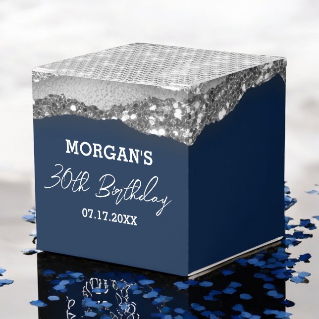 Birthday Navy Blue Silver Glitter Name Thank You Favor Box (Creator Uploaded)