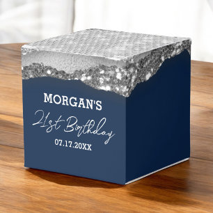 Birthday Navy Blue Silver Glitter Name Thank You Favor Box