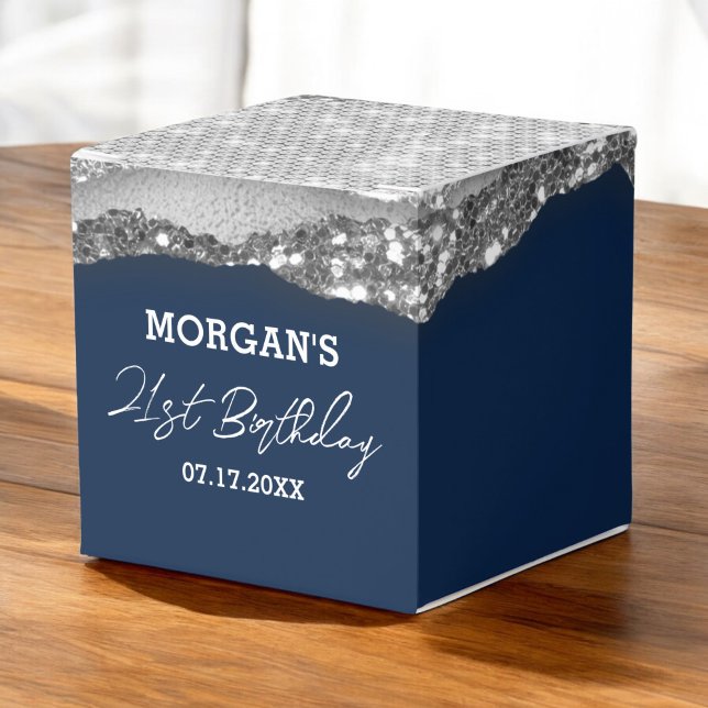 Birthday Navy Blue Silver Glitter Name Thank You Favor Box (Creator Uploaded)