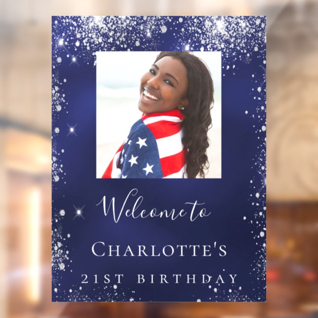 Birthday navy blue silver glitter photo welcome window cling (Sheet 2)