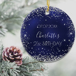 Birthday navy blue silver glitter sparkles ceramic ornament<br><div class="desc">An ornament for a girly and glamourous 21st (or any age)  birthday . A navy blue background with faux silver glitter,  sparkles. The blue colour is uneven. On the front: Personalize and add a date,  a name and age.</div>