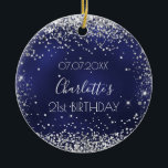 Birthday navy blue silver glitter sparkles friends ceramic ornament<br><div class="desc">An ornament for a girly and glamorous 21st (or any age)  birthday . A navy blue background with faux silver glitter,  sparkles. The blue color is uneven. On the front: Personalize and add a date,  a name and age.
Back:  Happy birthday and names from friends.</div>