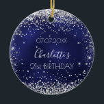Birthday navy blue silver glitter sparkles friends ceramic ornament<br><div class="desc">An ornament for a girly and glamorous 21st (or any age)  birthday . A navy blue background with faux silver glitter,  sparkles. The blue color is uneven. On the front: Personalize and add a date,  a name and age.
Back:  Happy birthday and names from friends.</div>
