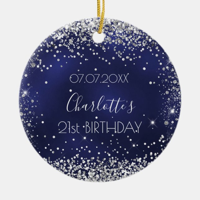 Birthday navy blue silver glitter sparkles friends ceramic ornament (Front)