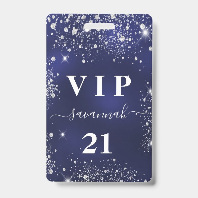 Birthday navy blue silver glitter vip invitation badge (Front)