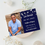Birthday navy blue silver photo save the date announcement postcard<br><div class="desc">Add a vertical size photo. A navy blue background colour,  decorated with faux silver stars. Personalize and add a name and the details.</div>