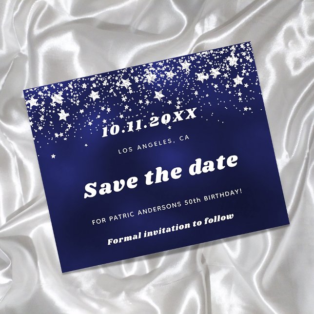 Birthday navy blue silver save date card (Creator Uploaded)