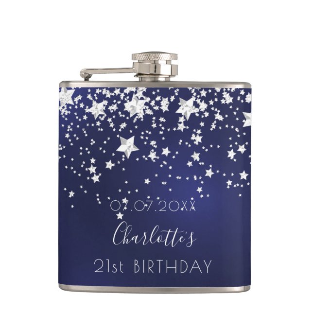 Birthday navy blue silver stars name hip flask (Front)