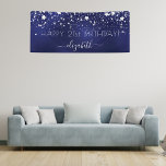 Birthday navy blue silver stars name party banner<br><div class="desc">For a glamourous 21st (or any age) birthday party. A navy blue background with elegant faux silver stars. The blue colour is uneven. Personalize and add a name and age 21. White letters. The name is written with a modern hand lettered style script with swashes. To keep the swashes only...</div>