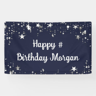 Birthday Navy Blue Stars Script Personalized Banner