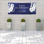 Birthday navy blue white balloons name script banner<br><div class="desc">For a girly and glamourous 21st (or any age) birthday party. A navy blue background. The blue colour is uneven. Decorated with white balloons. Personalize and add a name and age 21. White letters. The name is written with a modern hand lettered style script with swashes. To keep the swashes...</div>