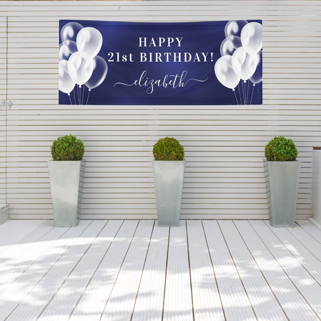 Birthday navy blue white balloons name script banner (Creator Uploaded)