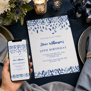 Birthday navy blue white confetti men guy invitation