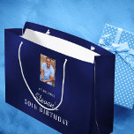 Birthday navy blue white custom photo monogram large gift bag<br><div class="desc">A gift bag for a 50th (or any age) birthday.  A classic navy blue background,  the blue colour is uneven. Personalize and add a photo,  date,  name and year 50. The name is written in white with a modern hand lettered style script. 
Use a portrait size photo.</div>