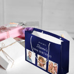 Birthday navy blue white custom photo monogram  large gift bag<br><div class="desc">For a 50th (or any age) birthday.  A classic navy blue background,  the blue colour is uneven.   Personalize and add 3 of your own photos,  a date,  name and age 50. White text. The name is written with a modern hand lettered style script.</div>