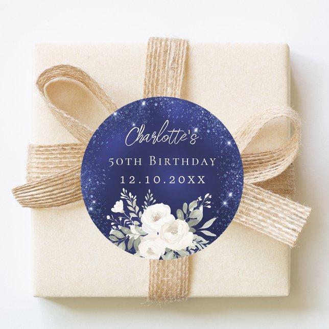 Birthday navy blue white flowers classic round sticker (Creator Uploaded)