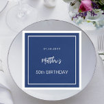 Birthday navy blue white minimalist men guy napkin<br><div class="desc">A navy blue background decorated with a white frame.  Personalize and add a date,  name,  age.</div>